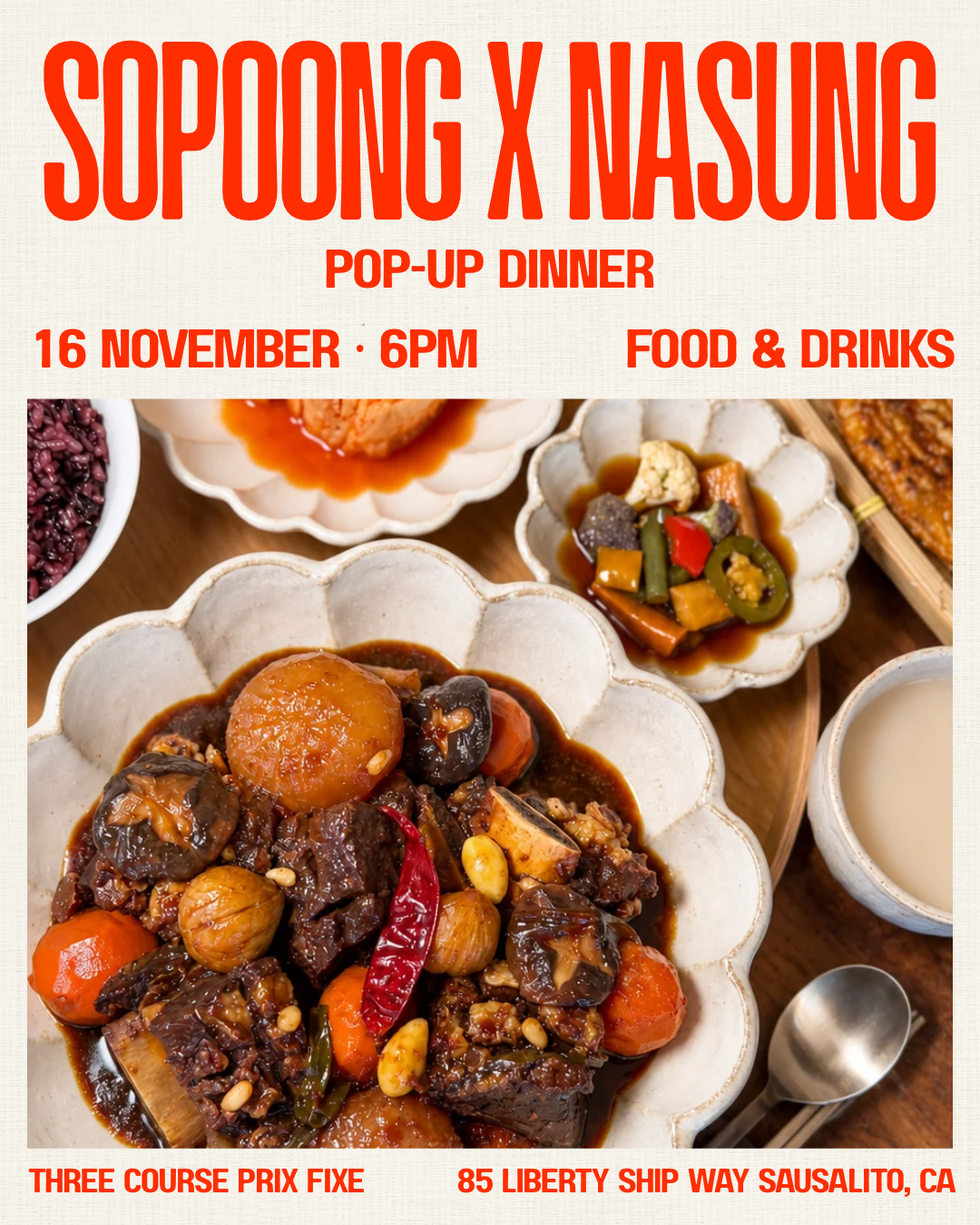 SoPoong x Nasung Korean pop-up dinner poster, November 16 at Le Garage in Sausalito